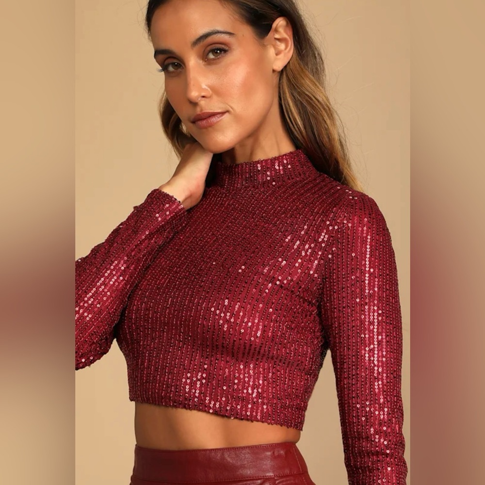 Dazzling Wine Red Burgundy Sparkling Sequin Long Sleeve Mock Neck Crop Top